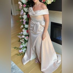 Terani Couture rose gold off the shoulder formal gown with beading, size 8.